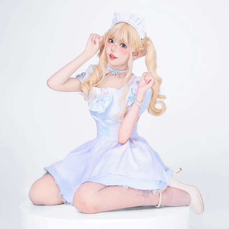 

Blue Alice Costume, Sexy Maid Dress, Anime 2D Lolita Dress, Girl Performs Halloween Costume A sexy blue and white lolita dress