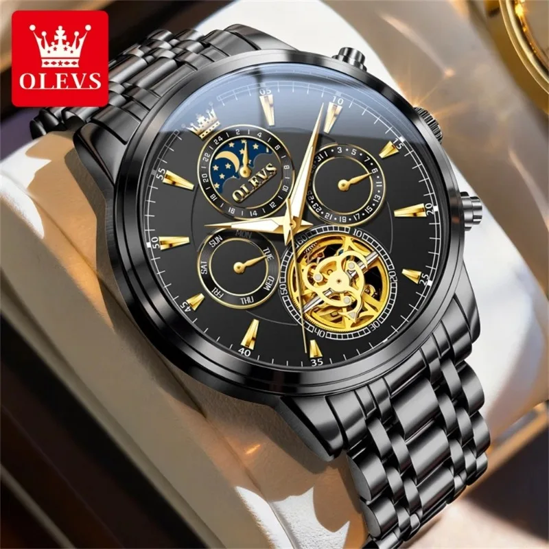 OLEVS Brand Fashion Multifunctional Moon Phase Mechanical Watch Men Stainless Steel Waterproof Week Date Tourbillon Watches Mens