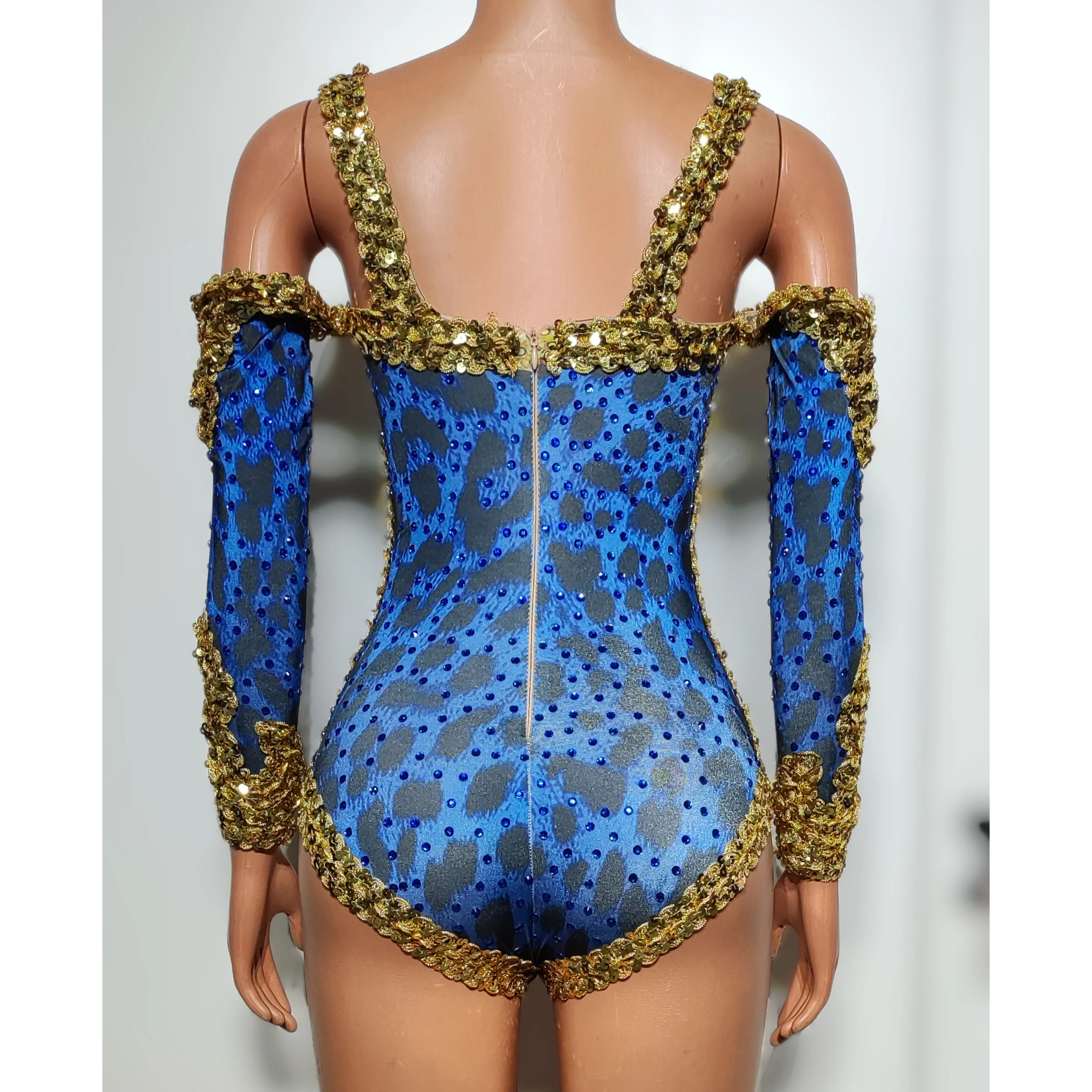 Body de leopardo azul con hombros descubiertos, ropa de actuación de cantante con lentejuelas y diamantes de imitación, mono elástico, ropa de bailarina Gogo