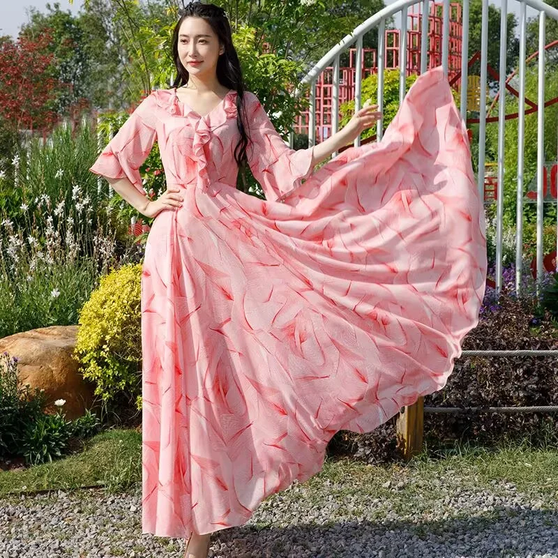 

Print Floral Chiffon Casual Long Dress Summer A-Line High Waist Holiday Beach Boho Dress Party Vestidos