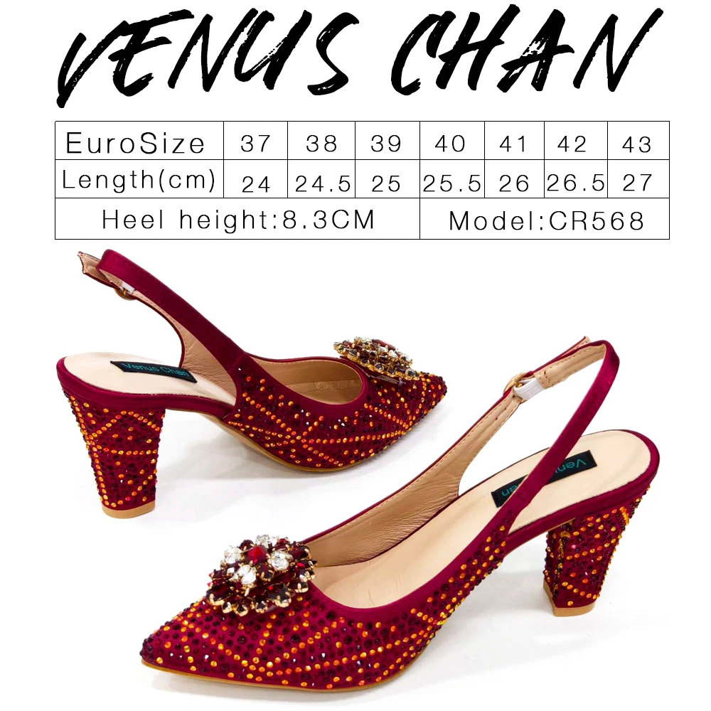 Venus Chan African Ladies Shoes High Heels INS Style Rhinestone Elegant Pointed-Toe Italian Shoes and Bags Matching Set 2024