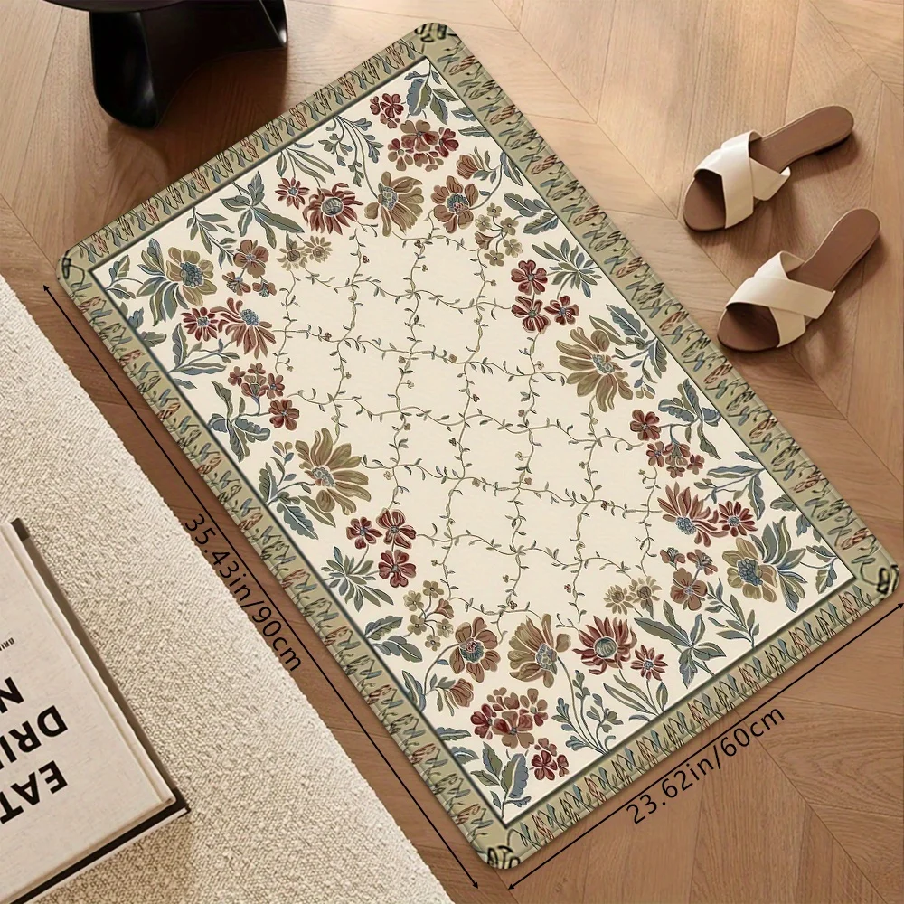 1pc Vintage Floral Border Doormat - Soft Absorbent Non-Slip Bath Mat, Machine Washable 100% Polyester with PVC Backing for Ind