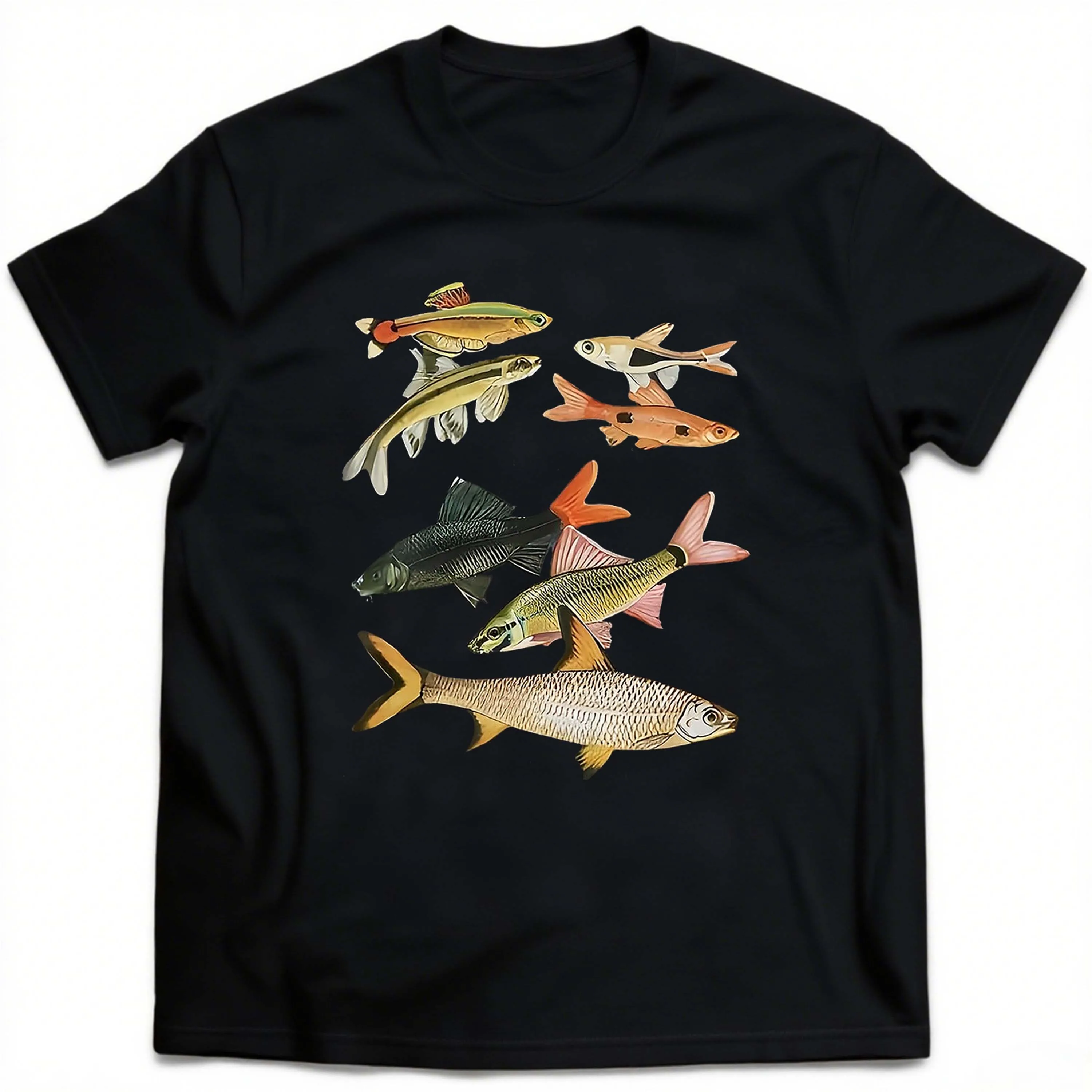 Kaos Pria Lengan Pendek Hitam Ukuran Besar dengan Pola Ikan Berwarna Cocok untuk Pakaian Santai Luar Ruangan di Musim Panas