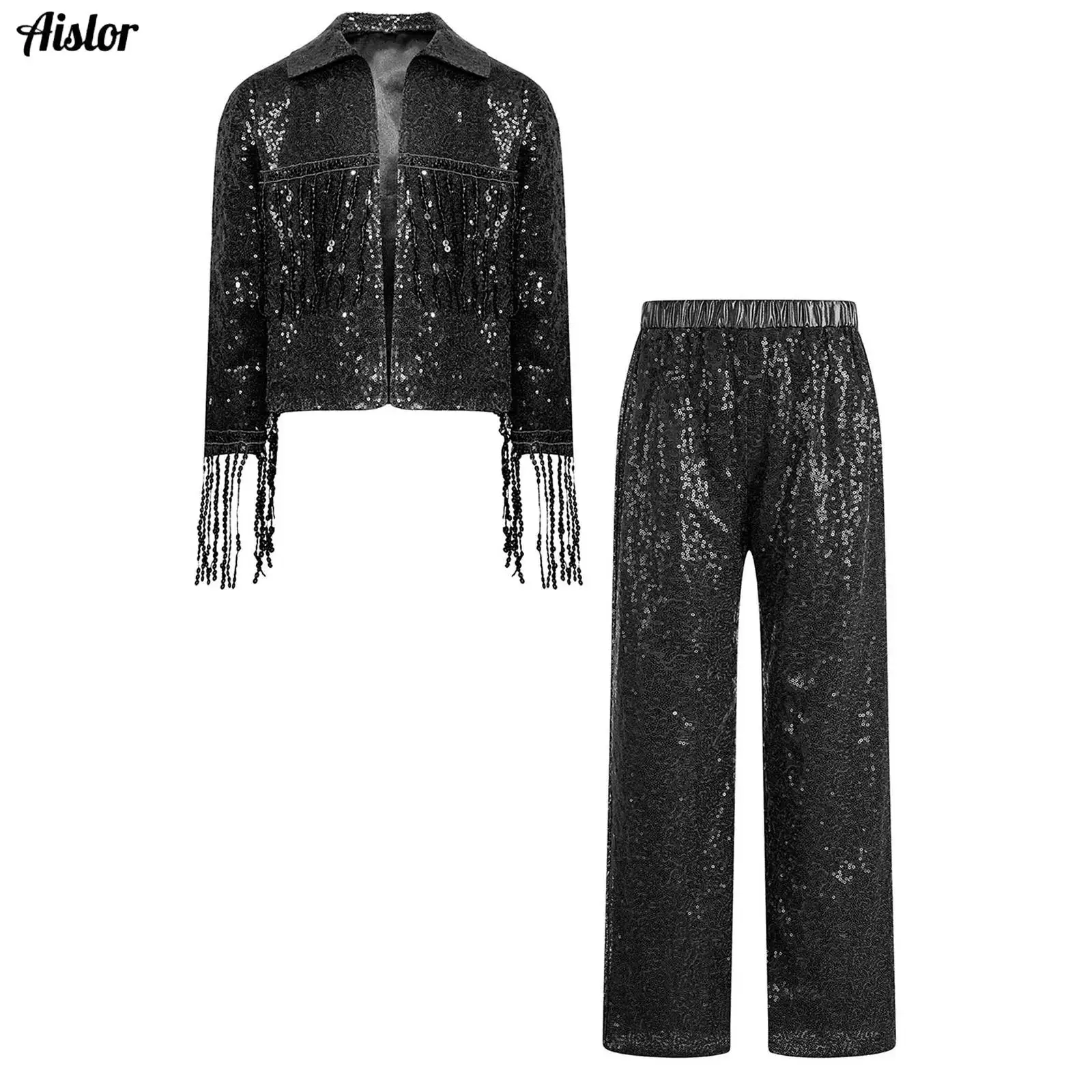 Kids Girls Sequins Jazz Dance Performance Costume Streetwear Long Sleeve Open Front Sparkly Sequin Tassel Jacket Coat with Pants