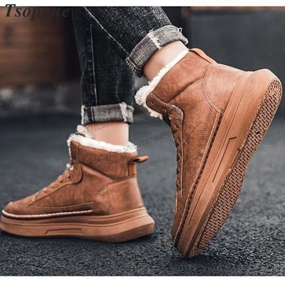 Brown Thick-Soled Cross-Tied Fleece Winter Men's Pumps Shoes For Men Runway Casual Party Shoes 2023 Fashionable Zapatillas Muje