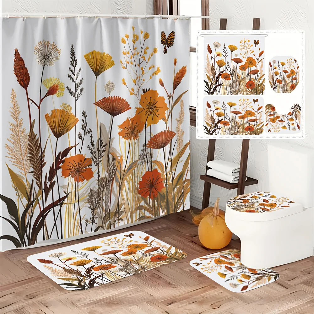 

4pc Wildflower and butterfly patterned bathroom set with hooks, made of polyester, includes a bathroom mat and toilet seat cover