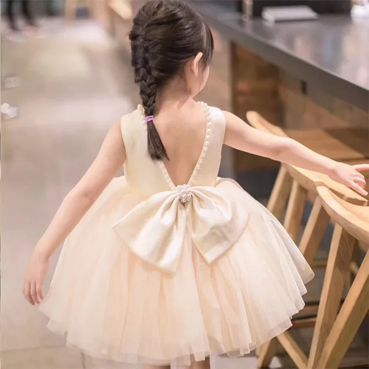 Vestido de niña de flores champán para boda, apliques de perlas rosas con lazo hinchado, espalda en V, vestido de princesa de cumpleaños para niños, primera comunión