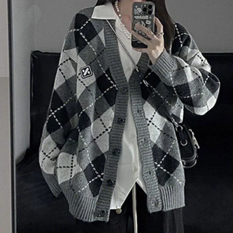 Argyle Sweater Cardigan Oversize Korean Fashion Women Preppy Style Plaid Knitted Jumper Button Up Cute Female Basic Jackets 2022