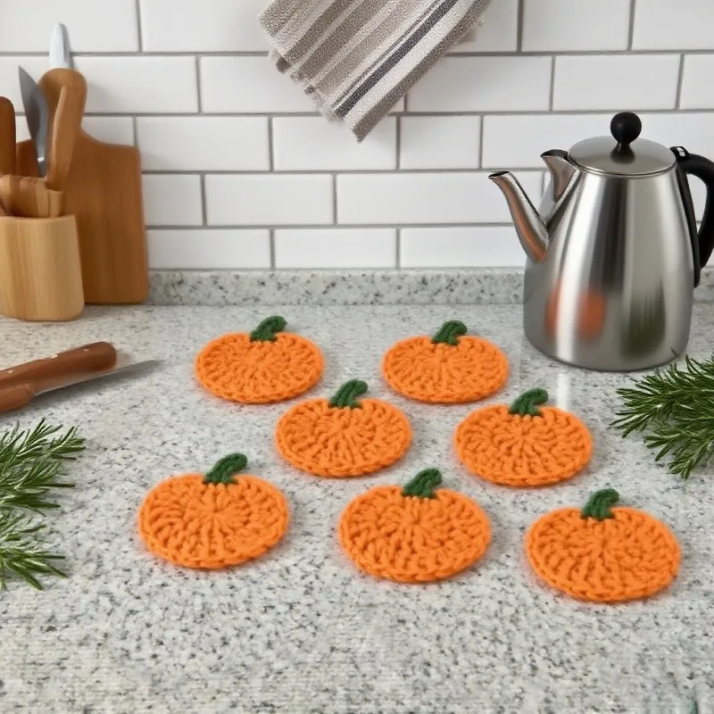 Handmade Crochet Pumpkin Coasters Fall Thanksgiving Table Decor Heat Resistant Knitted Cup Mats Autumn Home Coffee Mug Coaster Gift