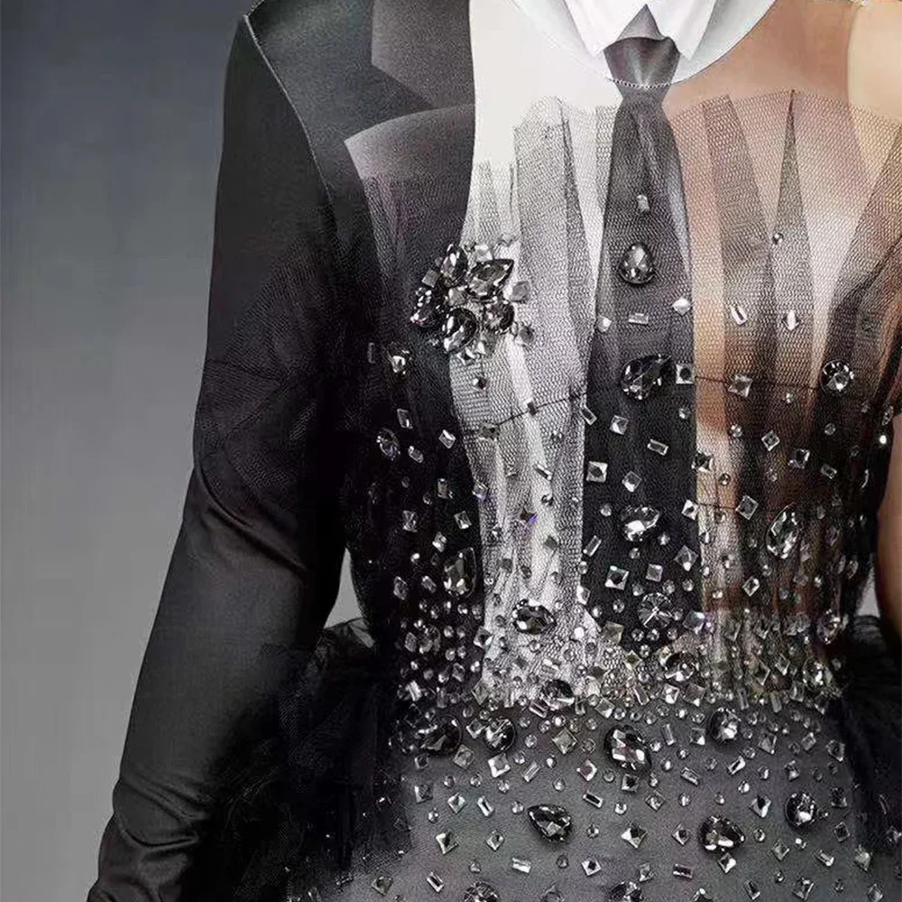 Black Bodysuits  Long Trailing Turn Down Collar Sequins Tie Flowers Body Suits Nightclub Outfits