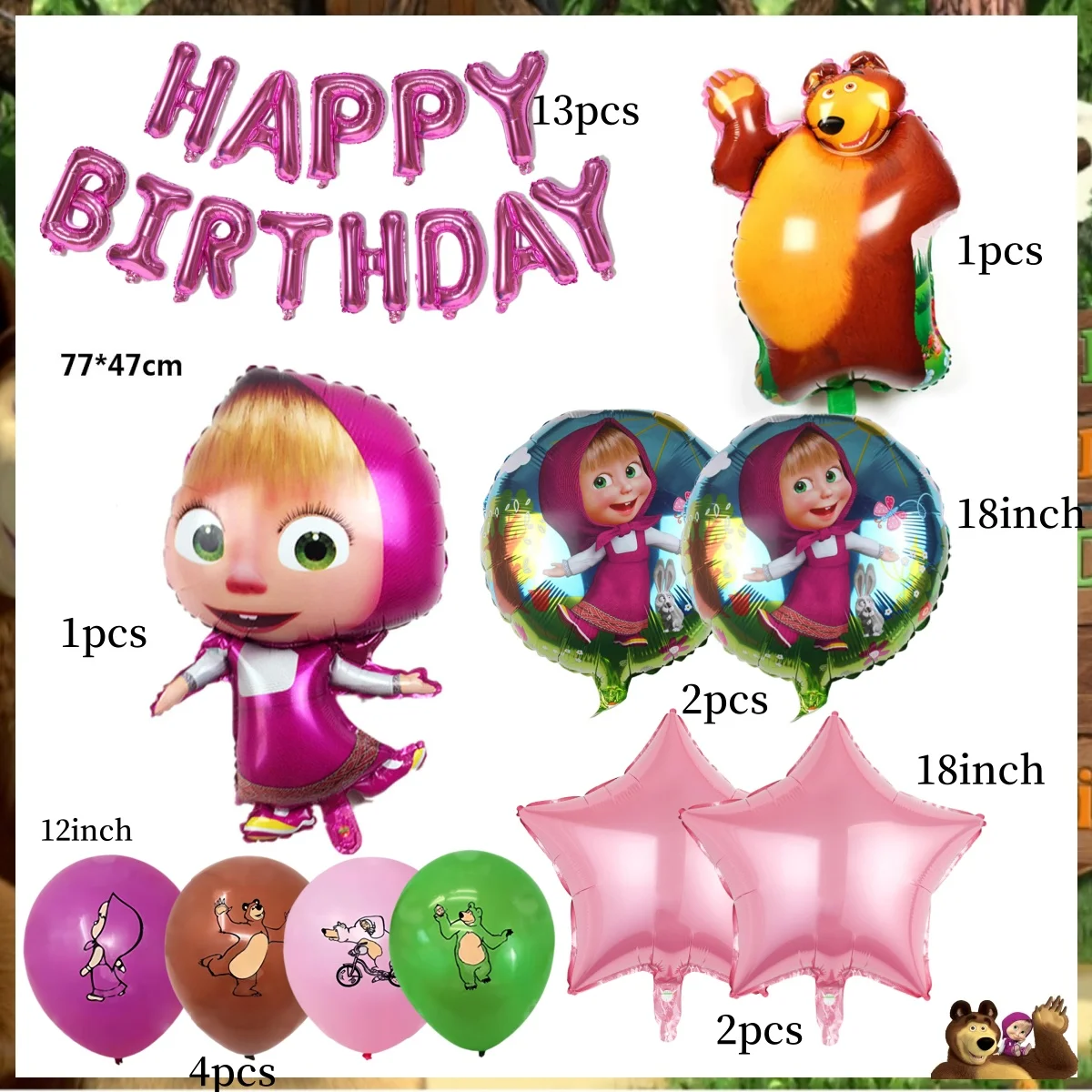 Mashas and Bear Balloon Set Birthday Decoration Balloon Mashas Foil Helium Balloon Baby Shower Kids Girl Favors Toy Globos Set