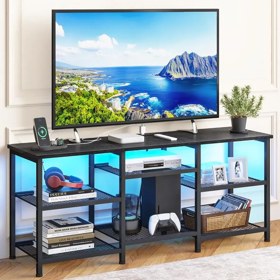 

TV Stand for 55 Inch TVs, Entertainment Center with Movable Shelf Panels, Power Outlet and LED Lights Open Storage Shelves, TV
