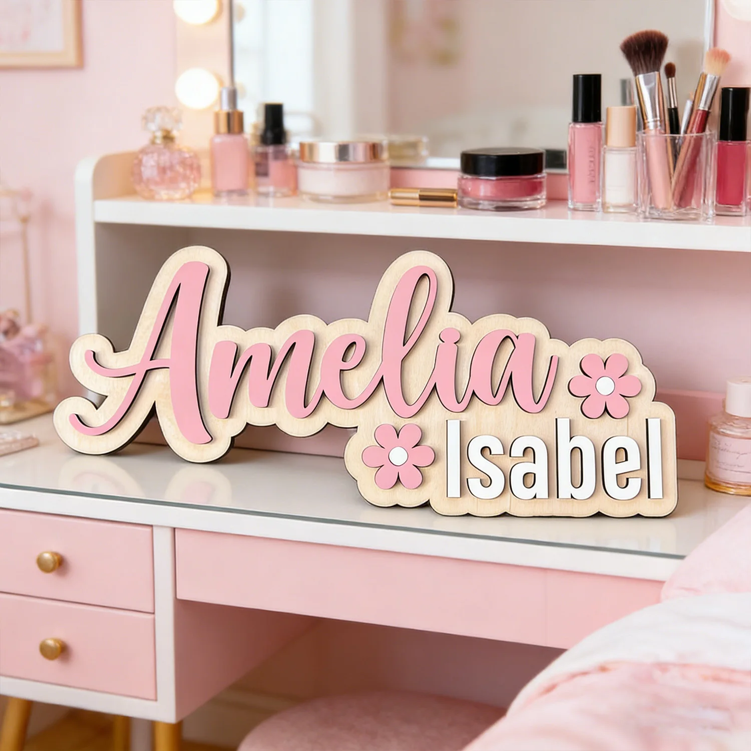 Personalized Two-Name Flower Room Sign, Customizable Pastel Floral Plaque, Nursery Bedroom Decor, Sweet Gift