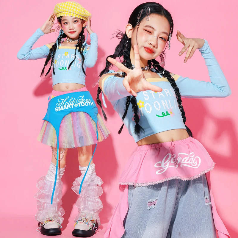 Chicas de Hip Hop K-pop con hombros descubiertos, Top corto dulce, pantalones Cargo, faldas Tiere, ropa de calle para niños, conjunto de ropa de baile de grupo de Jazz para niñas