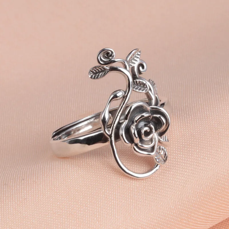 

Buyee 925 Sterling Silver Big Flower Ring Finger Gray Rose Sweet Open Ring for Woman Girl Fashion Ethnic Fine Jewelry Circle