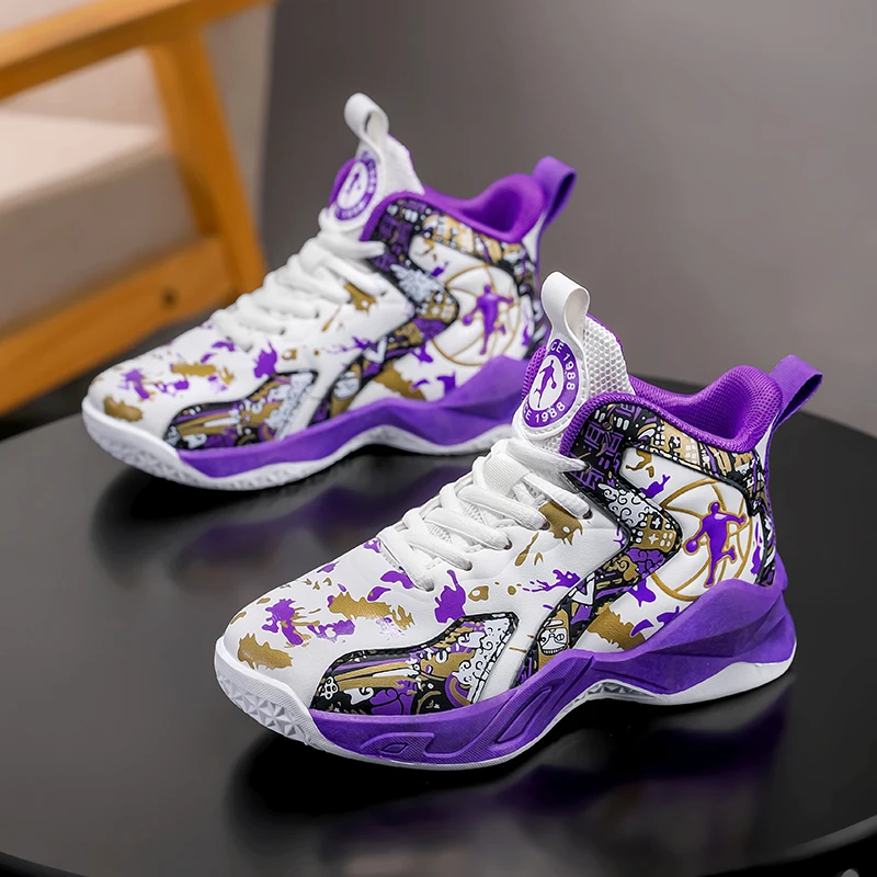 

Original Children's Basketball Shoes Fashion Print Purple Basketball Sneakers Kids Training Shoes High Top Sports Shoes For Boys