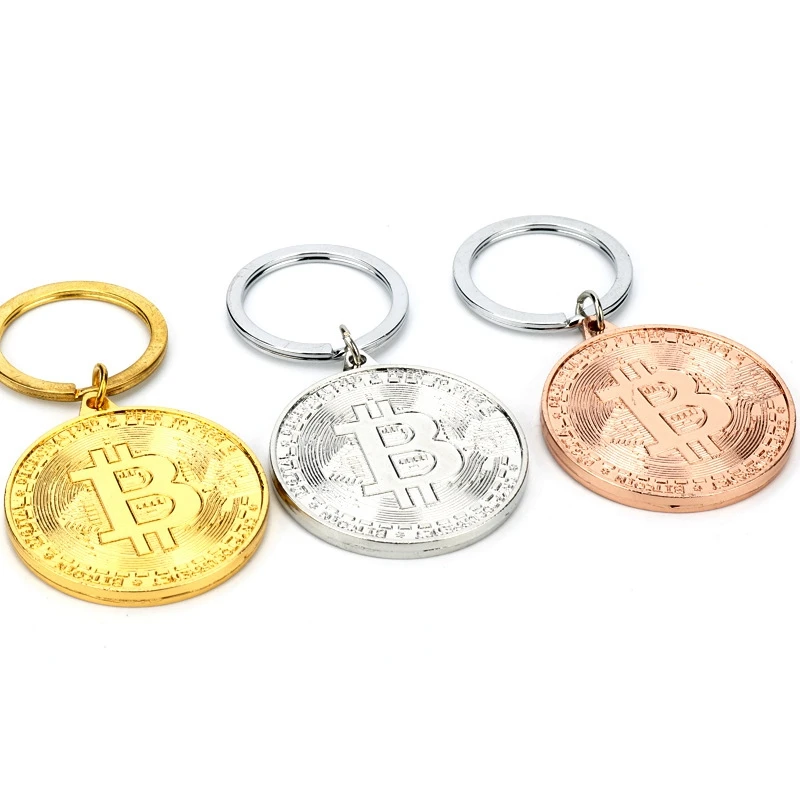 1Pcs Creative Souvenir gold silver Plated Bitcoin Keychain Bit Coin Coin Key Chain Collectible Physical Metal Coin