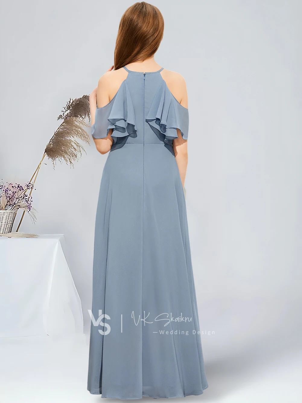 Robe de demoiselle d'honneur en mousseline de soie bleu poussiéreux pour mariage, licou A-ligne, longueur au sol, junior, volants chics en cascade