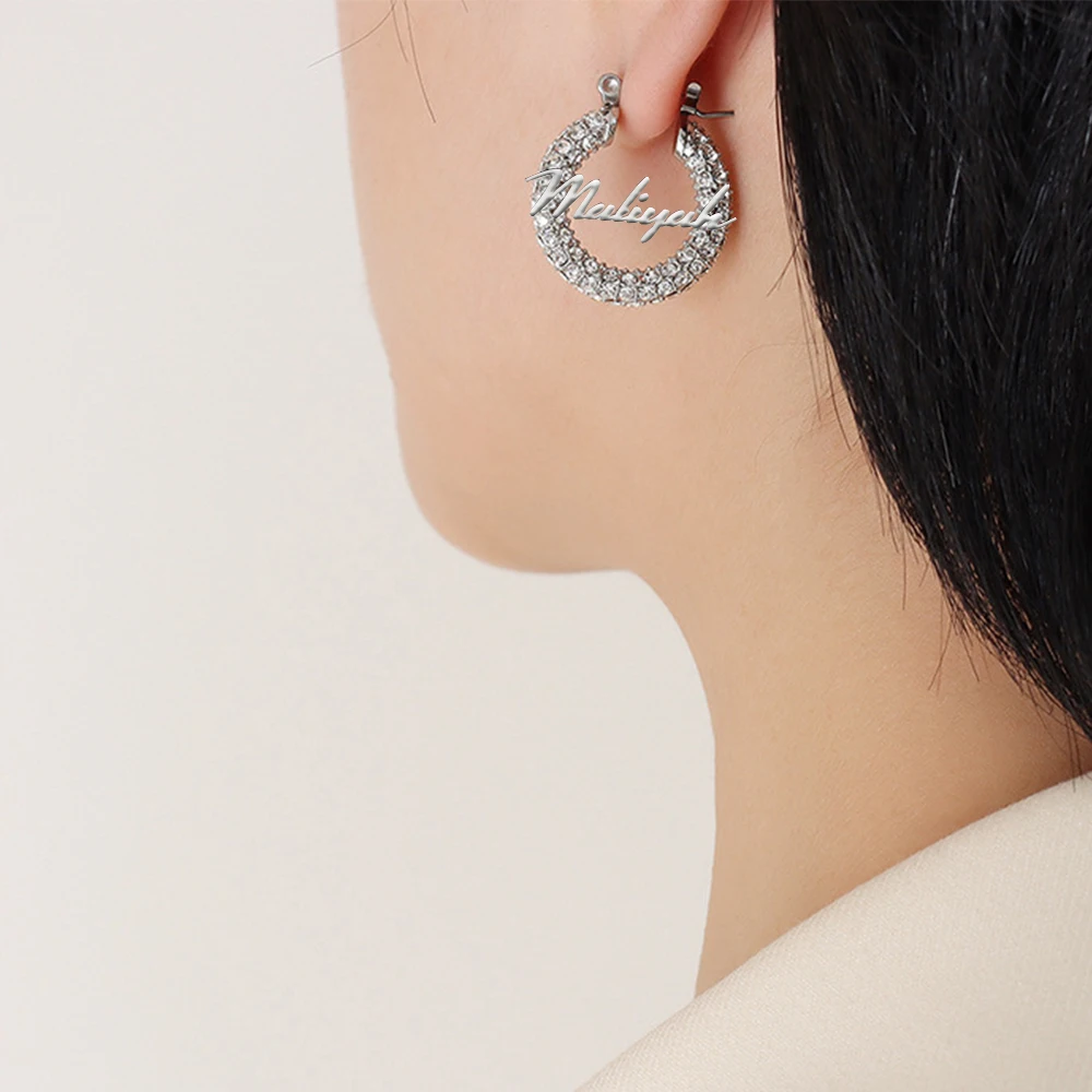 HIYONG Custom Name Plate Sparkling Earrings Personalized Mini Hoop 22mm Earrings Letter Zircon Stainless Steel Ear Jewelry