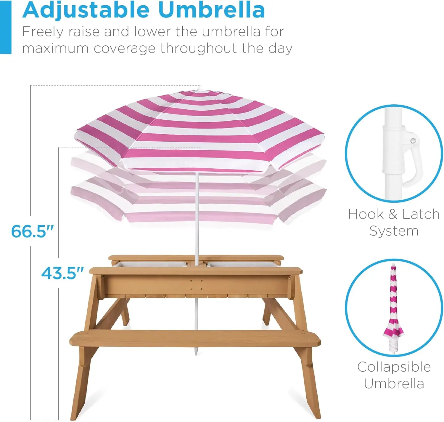 Table de pique-nique convertible extérieure en bois avec parapluie, table de sable et d'eau pour enfants, 2 plateaux, dessus parfait, capacité de 220lb par Ben, 3 en 1