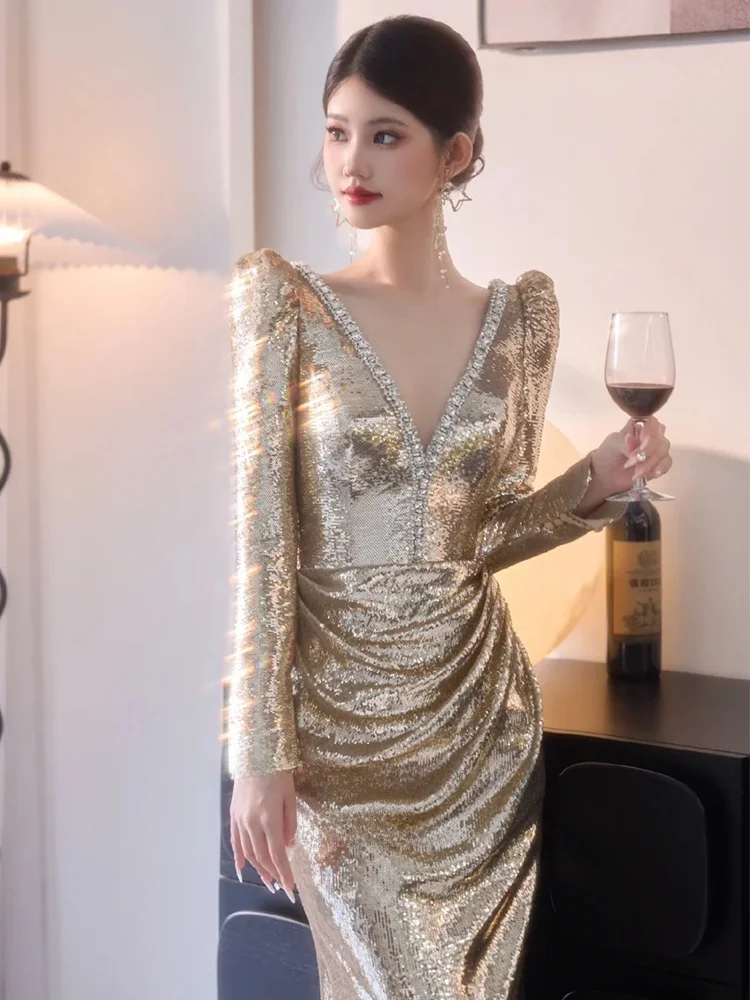 

Вечернее платье цвета шампань с V-образным вырезом, длинными рукавами и пайетками для свадебной церемонии, на заказ, для невесты, с вырезом «сердечко»