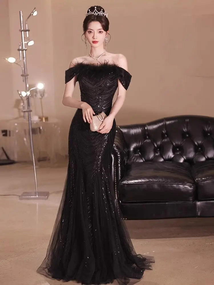 Ele Bla-oulder Evening Gown Women's Luxury Small ence Ball High-End Feel Year End Fi Tail Skirt