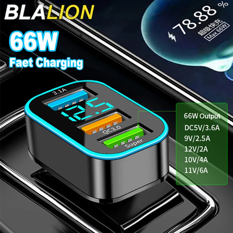 BLALION 66W Car Charger Square 3 Ports USB Car Chargers Lighter Fast Charging Auto Phone Charger Adapter HUAWEI iPhone Samsung