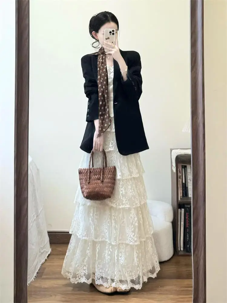 

Ele Lace A-Line Skirt Women's High Waist Puffy Cake Skirt Long Fairy Aosphere Sensation Autumn Winter Faion Sle