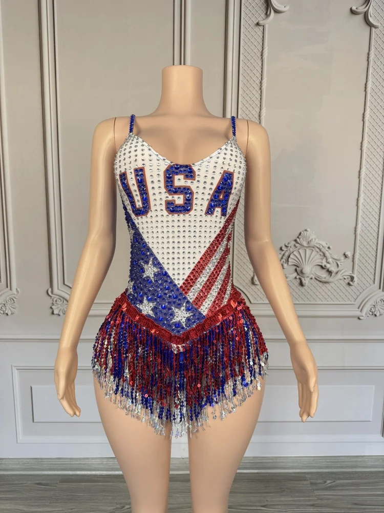 

2025 New Shiny Rhinestones Tassel Bodysuit Cheerleading Performance Dance Singer Costume Evening Party Nightclub Stage Outfit