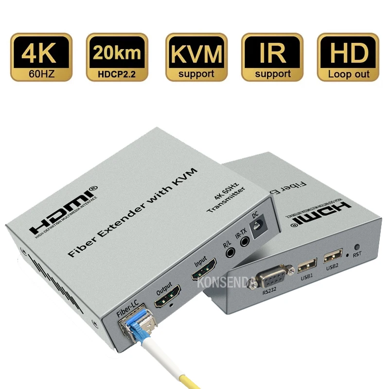 4K 60Hz 20Km HDMI KVM przedłużacz światłowodowy przez włókno LC kabel HDMI światłowód USB KVM Extender nadajnik dźwięku wideo z pętlą