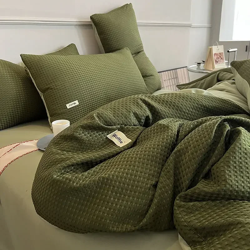 Bedding Set Luxury High Grade Light Washable Cotton Waffle Four Piece Olive Green Quilt Cover Bed Sheet Dormitory Three Piece