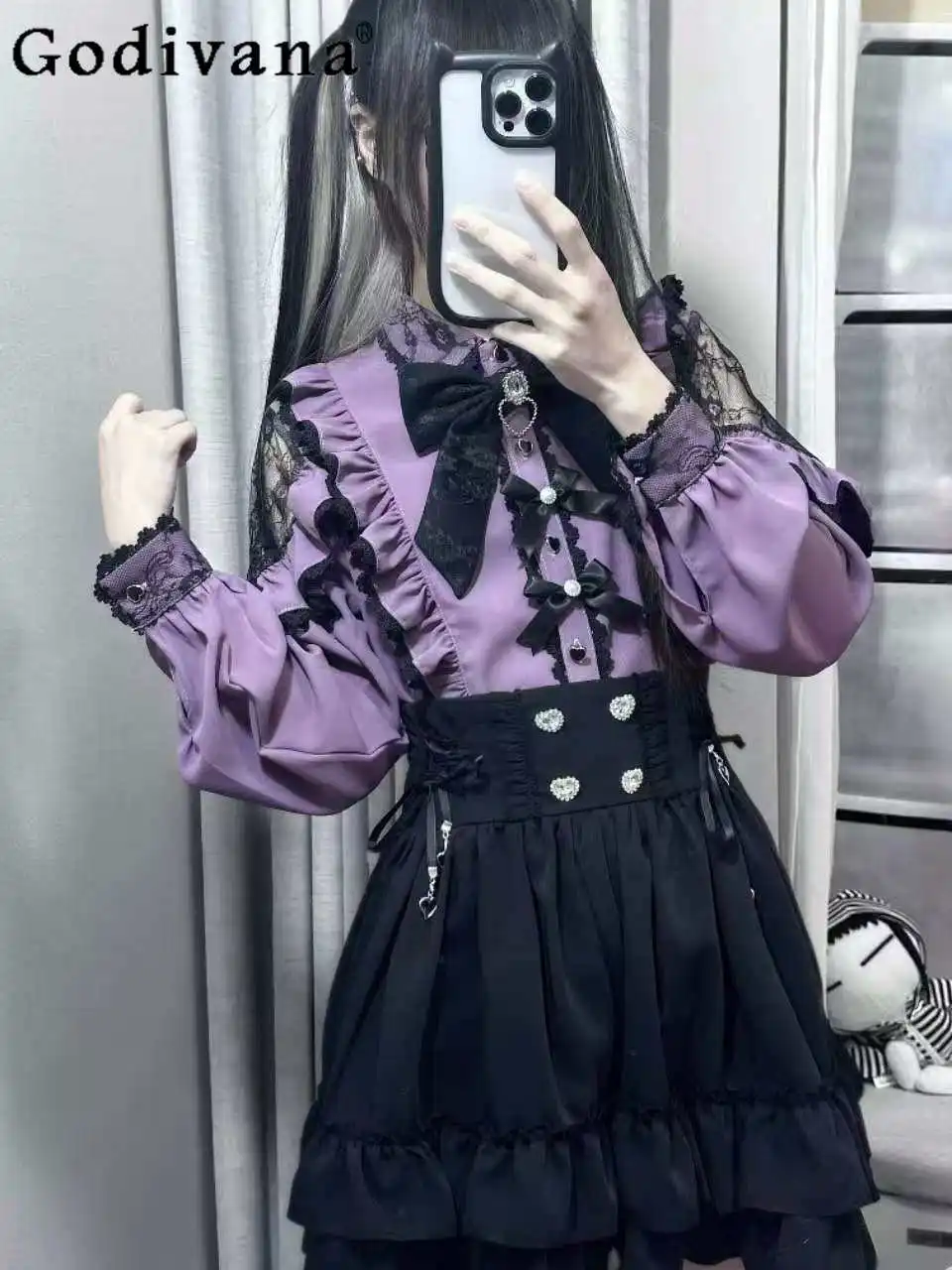 

Оригинальный японский комплект: фиолетовая рубашка с длинным рукавом и юбка, весна 2026, женский, приталенный, элегантный, готический стиль, блузки, мини-юбки