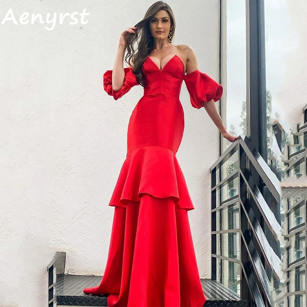 Aenyrst Red V Neck Saudi Prom Dresses Mermaid Satin Detachable Puff Sleeves Evening Gowns Floor Length Christmas Party Dress