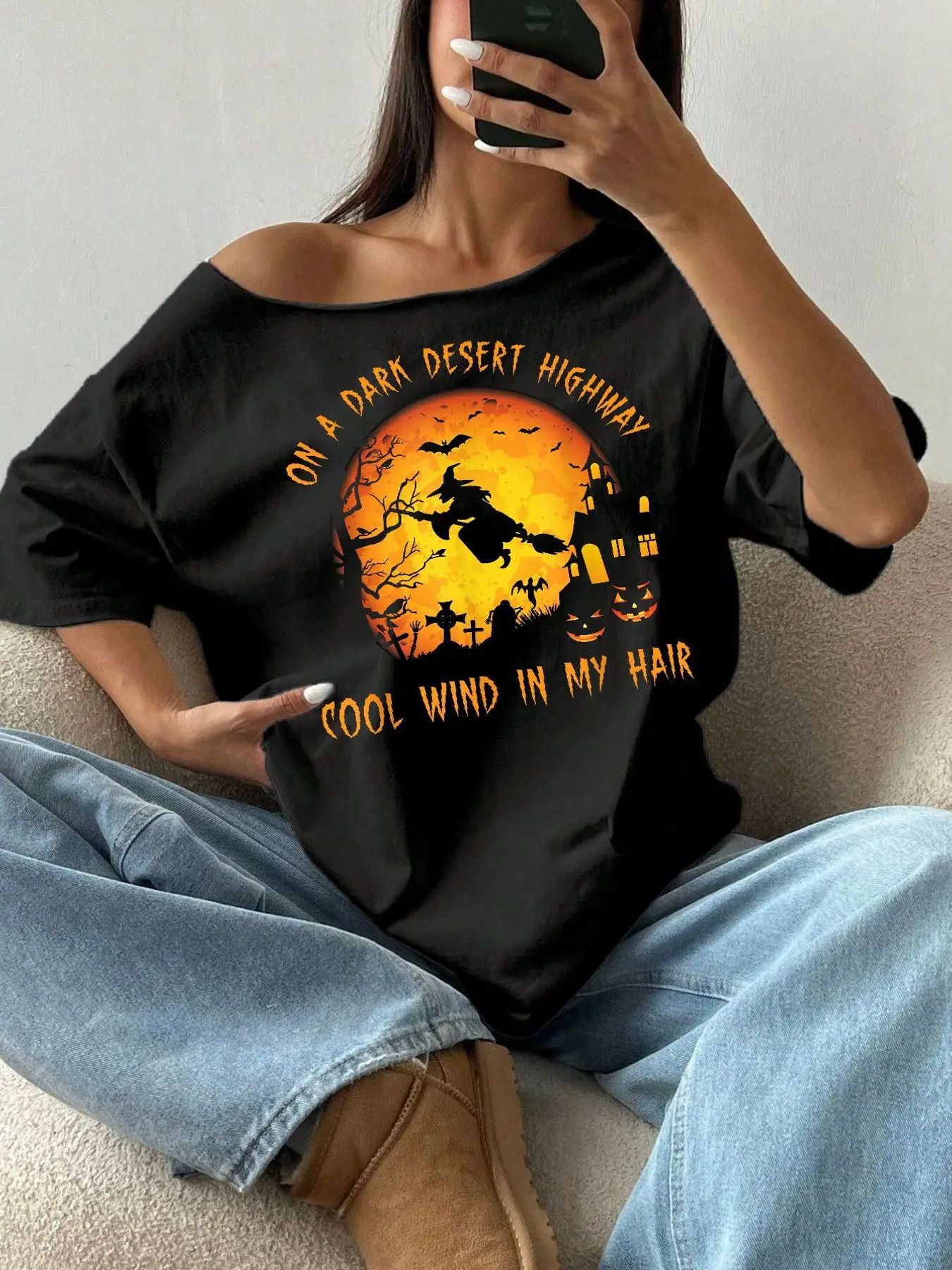100% Cotton Plus Size Halloween Witch Moon Graphic Print Shoulder Loose Print T-Shirt Oversized Y2K Style Graphic Tees Women