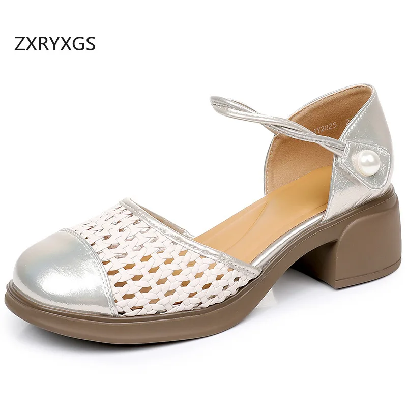 ZXRYXGS 2026 New Summer Real Leather Sandals Woven Round Toe Side Open Women's Banquet Sandals Plus Size Thick Mid Heel Sandals