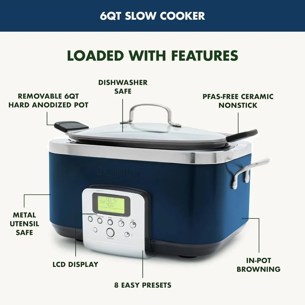 Elite 8 - in -1 Programmable 6QT Electric Slow Cooker, Dishwasher Safe Lid & Removable Crock, PFAS-Free Healthy