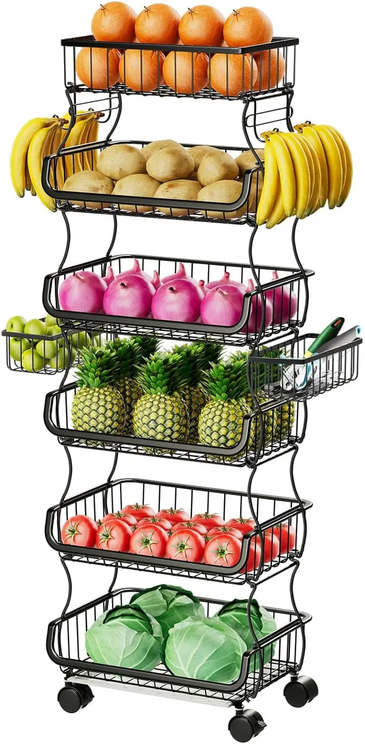 

6 Tier Rolling Cart, Stackable Fruit Vegetable Basket with Wheels and 2 Hanging Basket, Vegetable Bread Snacks, Black