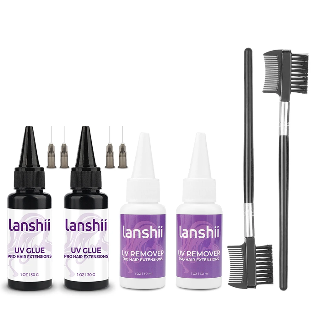 Kit combinato di colla e rimozione per extension UV Lanshii – Colla 2×30 g + Dispositivo di rimozione 2×30 ml + 2 spazzole, cura rapida e rimozione facile