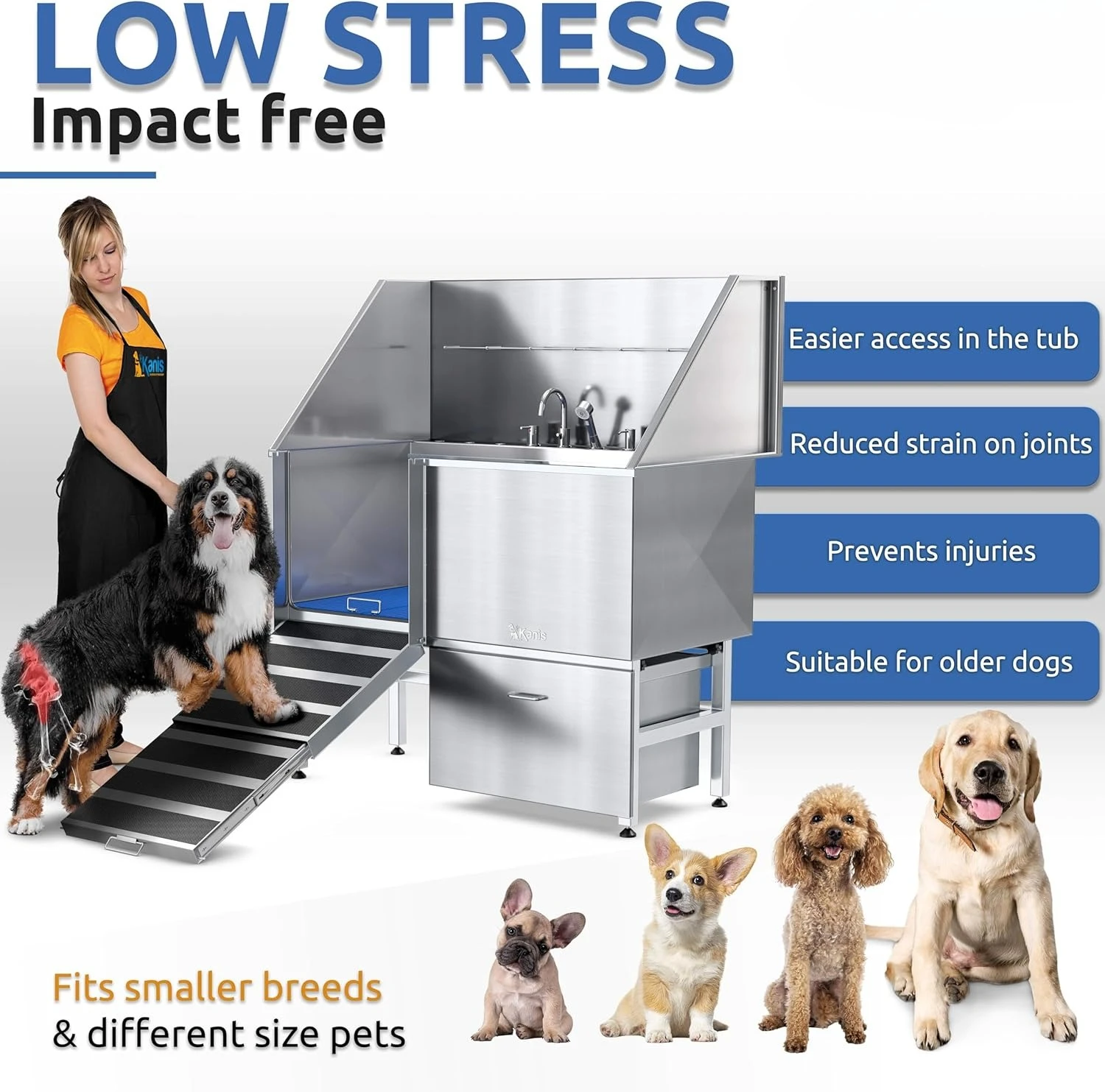 

Professional Stainless Steel Dog Bathing Station - Grooming Tub w/Ramp, Storage Drawer,