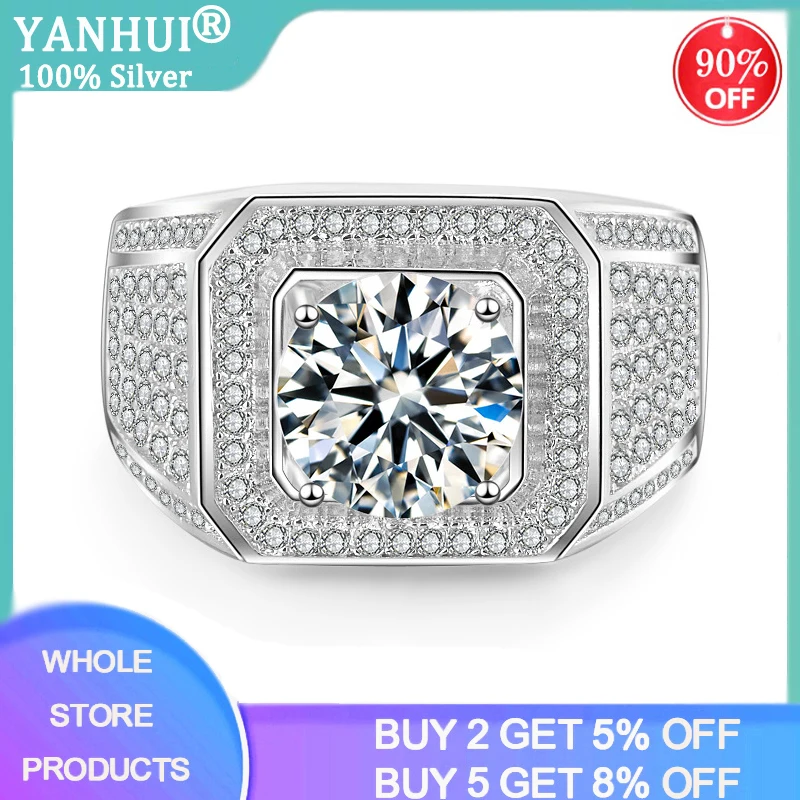 

YANHUI Best Men Gift Jewelry Men Engagement Wedding Rings Tibetan Silver Jewelry Big 2.0ct Zirconia Rings For Men Male