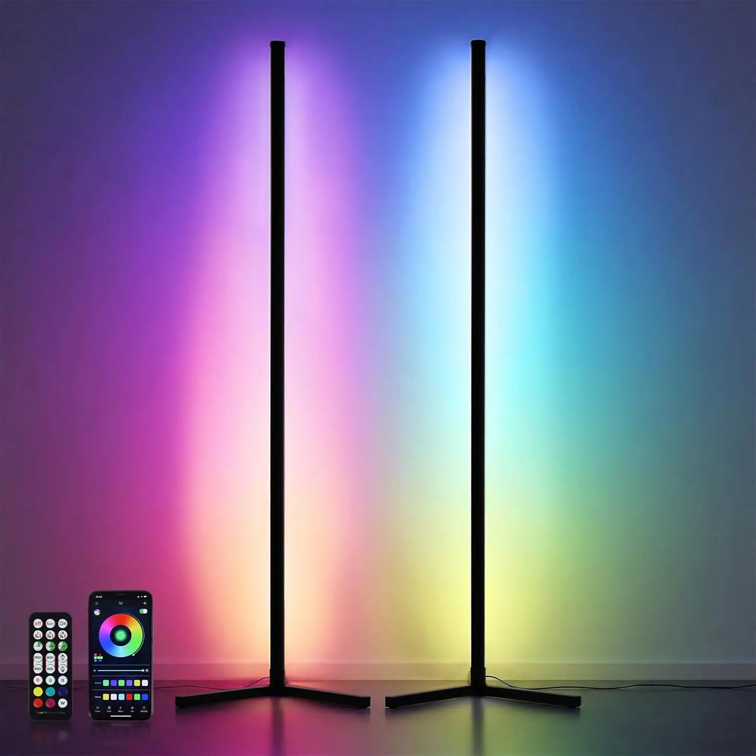 2 Pack RGB Floor Lamp with Music Sync, 16M Colors, App & Voice Control, Timer & Remote for Gaming and Living Room