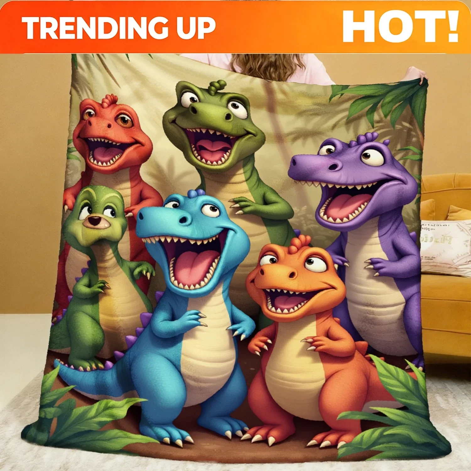 Custom Vibrant Cartoon Dinosaur Playful Style Flannel Blanket, Crafted From Premium Soft Flannel Fabric That Feels Gentle Agains