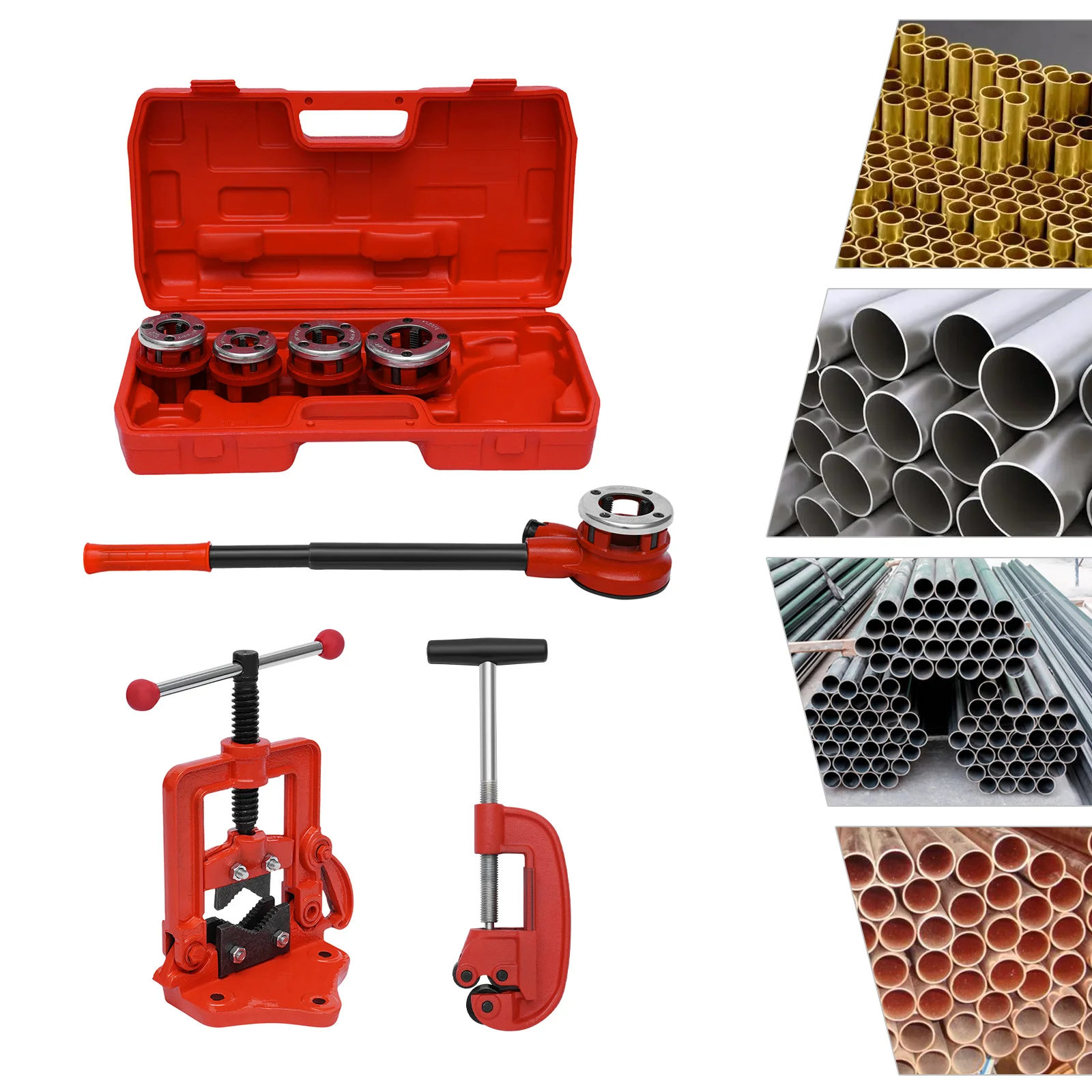 Manual Ratcheting Pipe Threader Kit with 5 Dies, Pipe Cutter & Vise - Portable Tool Set for Pipe Threading