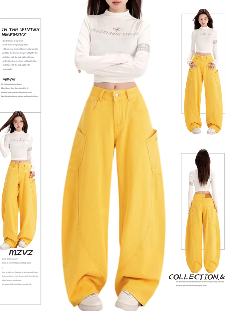 

High Waist Wide Leg Denim Pants Women's Spring Autumn Yellow Workwear Knife Jeans Big ket Casual Sle MZVZ