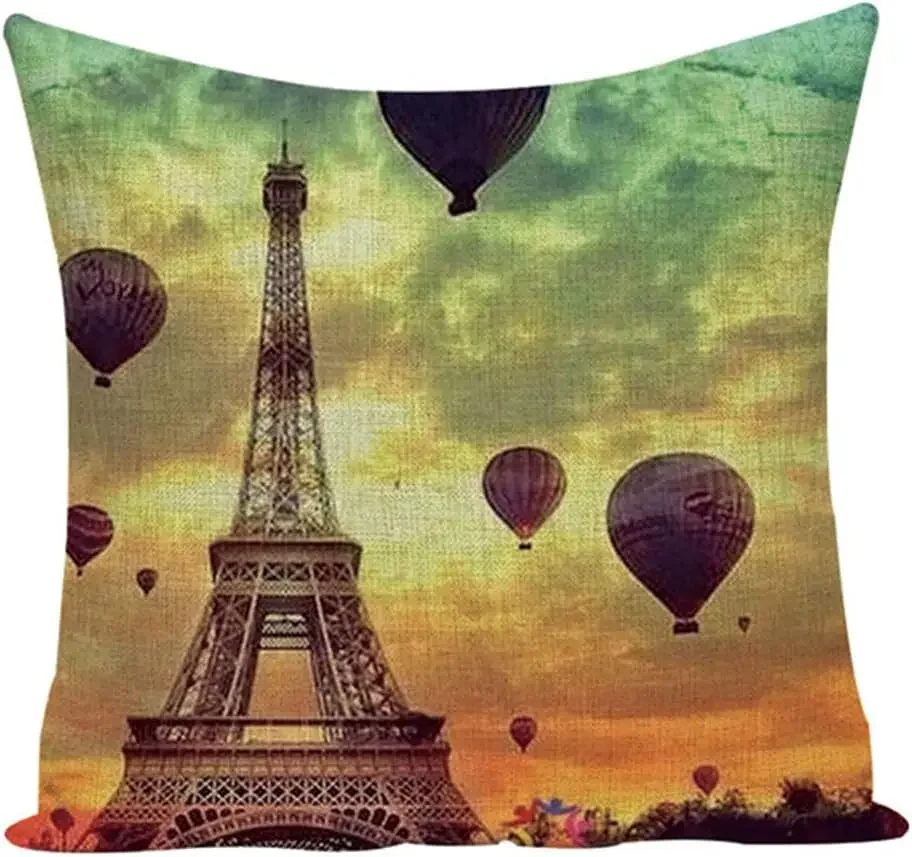 Cushion cover hot air balloon linen square pattern pillow cover with zipper, used for interior decoration of sofa bedroom.