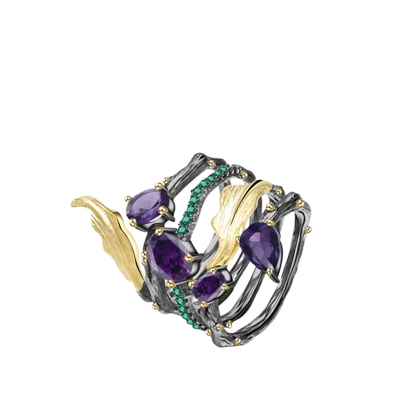 

Double-layer wrap-around ring, European and American exquisite ring, open inlaid with colored stone temperament jewelry