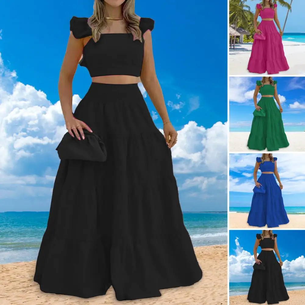 Vacation Beach Camisole Skirt Set Women Top Skirt Suit Stylish Summer Women's Crop Top Skirt Set Square Neck High for Vacation