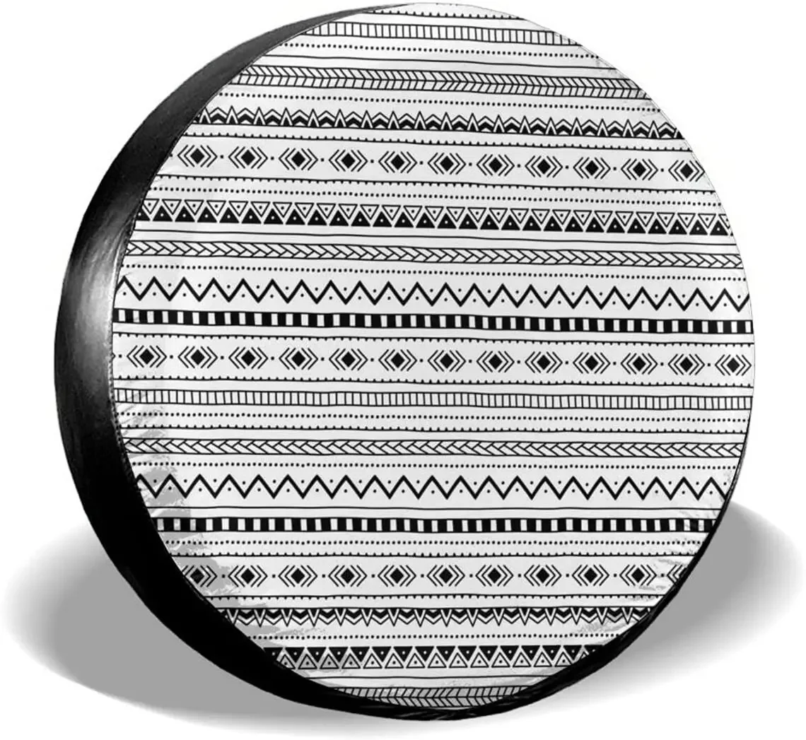 Delumie Fall Decor Horizontal Stripes Ethnic Black White Print Spare Tire Covers Cute Car Accessories For Women Rv Trailers