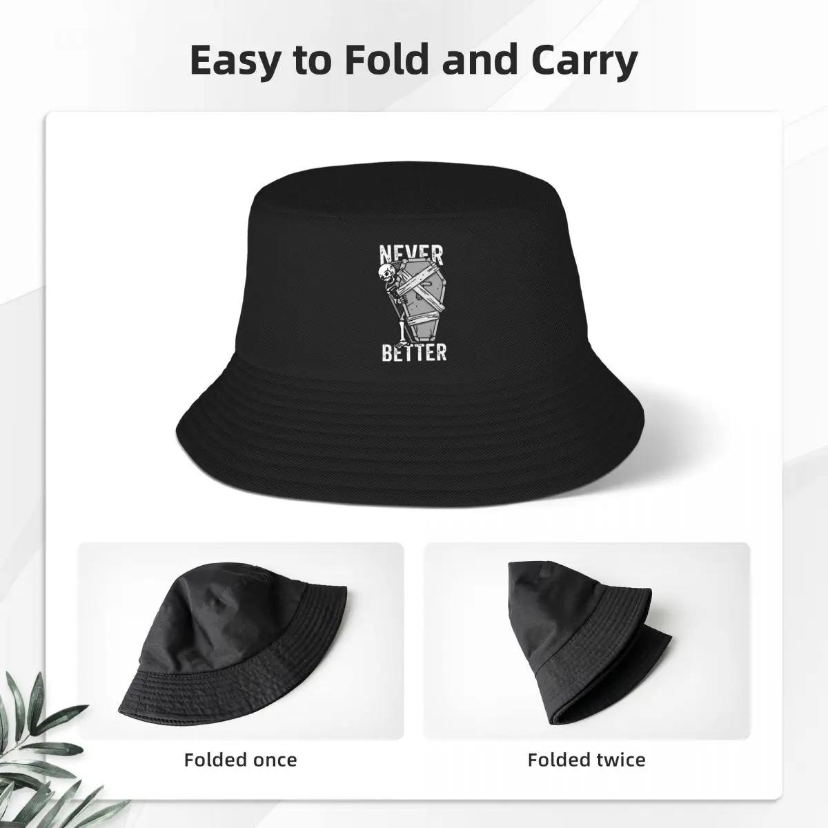 Never Better Skeleton Coffin Halloween Bucket Hat for Women Vocation Bob Hats Streetwear Foldable for Camping Dropshipping