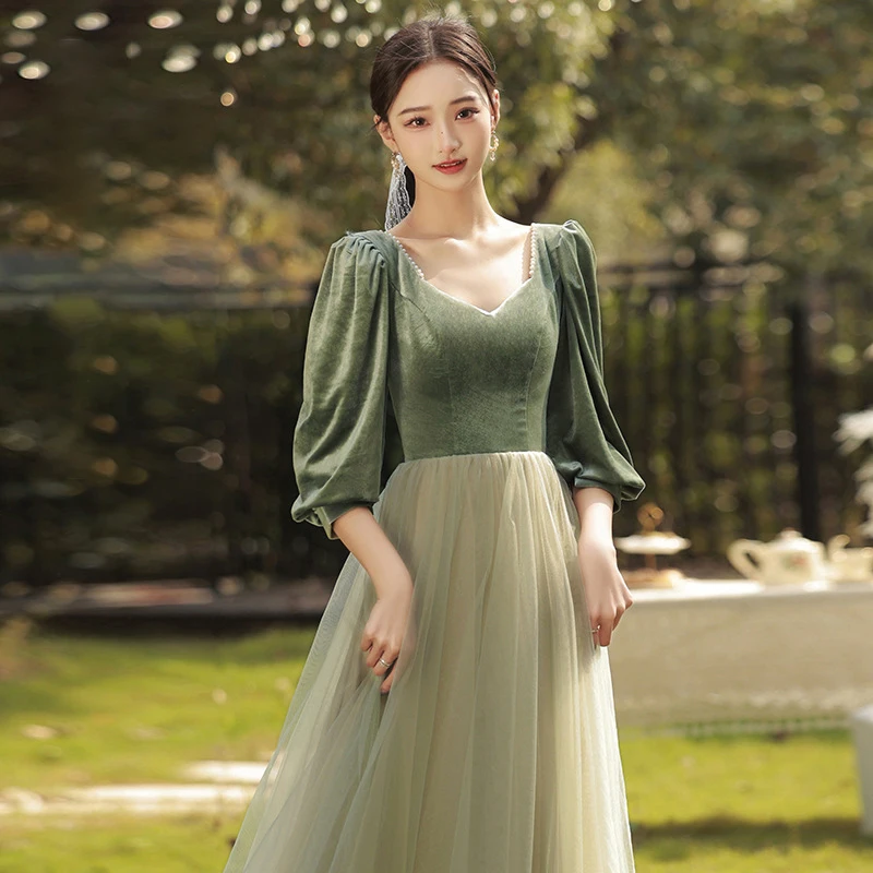 Elegant V-neck Satin Long Sleeve Evening Dresses Women Beaded Slim Long Formal Banquet Prom Gown Autumn Winter Bridesmaid Dress